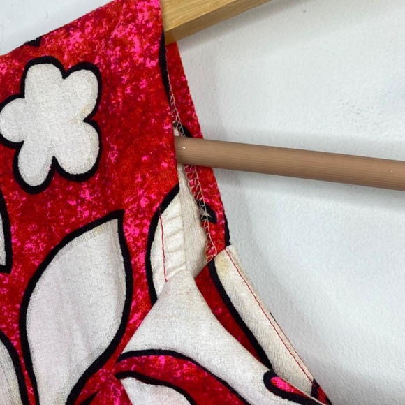 VTG Kimos Polynesian Shop Maxi Dress 8 Red Floral Flutter Sleeve Hawaiian Made - Picture 8 of 14